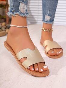 Women's Gold Flat Sandals, Classic H Design Open Toe Hollow Out Slip On Shoes For Casual Vacation Beach - Gold - View 2