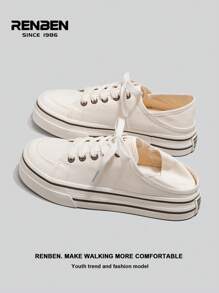 RENBEN 1 双 HABB 女士帆布鞋，2025 年春季新款，一脚蹬款式，百搭时尚，厚底，适合休闲、休闲 - 米色 - 查看 5