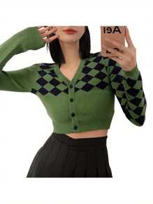 Womens Casual Long Sleeve Knitted Cardigan Fashion Contrast Color Rhombus Exposed Navel Knitwear