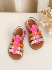 1 Pair Baby Girl Colorful Mirror Material Design Shoes, Straight Stripe Decor, Hook And Loop Convenient Closure, Soft Sole Comfy For Toddler Walking And Casual Everyday Wear, Suitable For Spring, Summer, Autumn, Winter - Pink - View 3