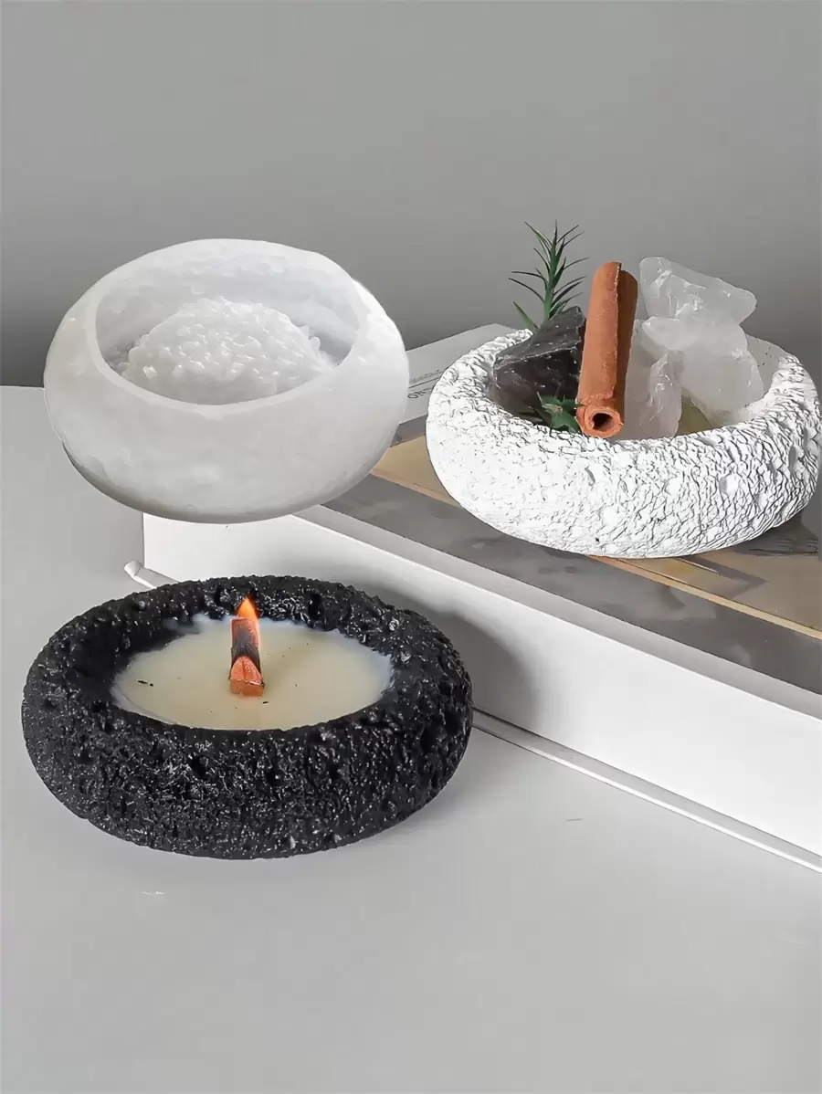 Molde de silicona en forma circular con textura de piedra para hacer una caja de almacenamiento, cenicero, vaso para aromaterapia u otros adornos decorativos hechos con yeso, arcilla o resina