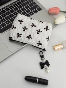 1 件褶边蝴蝶结钱包可爱短钱包带蝴蝶结吊坠口红收纳袋蝴蝶结化妆包大容量绗缝旅行化妆包便携式小蝴蝶结女孩化妆收纳钱包钱包迷你钱包零钱包