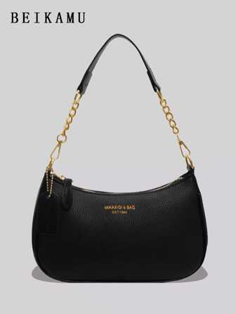 1 pieza Bolso de hombro de unicolor de PU para mujer, bolso versátil para la oficina y el transporte con correa de hombro ajustable, bolso cruzado con cadena, bolso de debajo del brazo, bolso de mano, bolso con letra dorada