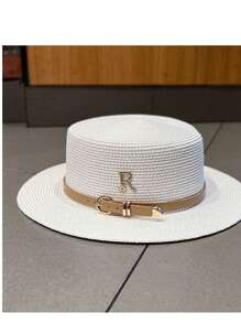 1pc Women's Leather Buckle Strap Letter Decor Straw Hat, Fashionable, Generous, Sweet & Cute, Suitable For Beach, Vacation And Daily Matching, UV Protection - Straw Hat - View 3