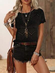 纯色镂空钩针上衣，休闲针织圆领短袖，薄款透气面料，适合春夏季，女士 - 黑色 - 查看 4