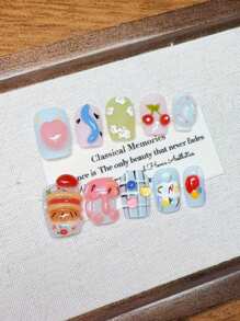 10 sztuk ręcznie robionych, przenośnych sztucznych paznokci, ręcznie malowanych, kreskówkowych, 3D, makaronikowych, graffiti, prasowanych paznokci, krótkich, gradientowych, prasowanych paznokci, uroczych, prasowanych paznokci, krótkich, pocałunkowych, malowanych ręcznie, krótkich paznokci, minimalistycznych wzorów, sztucznych paznokci z pełnym pokryciem, paznokci Y2K, unikalnych, kreatywnych, sztucznych paznokci, promocyjnych, codziennych paznokci, wielokrotnego użytku, codziennych paznokci dla kobiet i dziewcząt do użytku na przyjęciach i kolacjach, wielokrotnego użytku