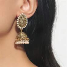 1 Pair Vintage Teardrop Faux Pearl & Rhinestone Tassel Alloy Bell Dangle Earrings For Women