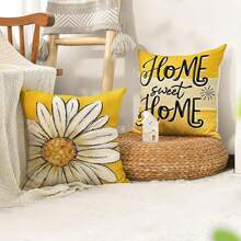 4pcs Crumple Daisy & Letter Print Pillow Case Set, Home Decor Sofa Cushion Cover, 1 Set Of 4