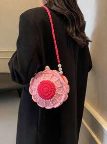 [Finished Product] Double-Sided Sunflower Small Purse, Crocheted & Handwoven Handmade Cute Crossbody Knitted Pouch Keychain Coin Purse, Perfectly Matching With Crochet Set - Pink - View 6