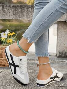 Zapatillas de moda para mujer, elegantes tenis de corte bajo con cordones, punta redonda, casual, con diseño de rayas, suela antideslizante de PVC, forro de malla, parte superior de PU, cómodos para todo el año