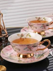 1 Set Of 6 Cups, 6 Plates, 6 Spoons (With Magpie Bird Spoons, Gold Cup Holder) & 1 Cup, 1 Plate, 1 Spoon Ceramic Tea Set, Trimmed With Gold Edges, Featured With Elegant Auspicious Bird Design, Suitable For Coffee, Dessert Plates, Vintage Afternoon Tea, Creative Minimalist Afternoon Tea Cup