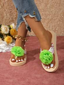 Women Summer Flip Flops Anti-Slip Thong Sandals, Flower Design Casual Beach Slippers
