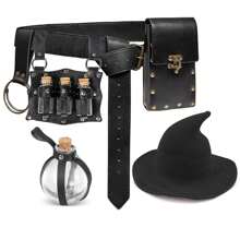 7pcs/Set Witch Hat, Vintage Medieval Belt With Pockets, Wizard Potions Bottle, Fantasy Witch Costume Set For Medieval Renaissance Faire, Halloween Cosplay Party Prom - Black - View 15