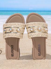 A Pair Of Children's Slippers Summer New Style, Rhinestone Decoration, Children Wear Slippers, Summer Little Girls Soft Sole Fashion Sandals, Casual Girls Princess Shoes, Non-Slip Beach Shoes, Suitable For Indoor And Outdoor, Baby - Beige - View 12