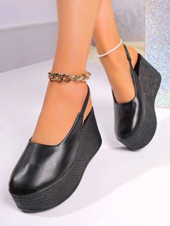 Women's New Black Back Strap Simple Fashionable Casual Platform Wedge Loafers