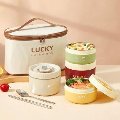 WORTHBUY Portable 304 Stainless Steel Thermal Lunch Box With Cutlery&Lunch Bag, Sealed Leak Proof Bento Box, Microwave &Hot Water Heating, Insulated Anti Scalding Lunch Container, Reusable Fruit Salad Food Storage Container, Suitable For Student And Adult Use In School, Office, Outdoor Camping, Picnic, Travel