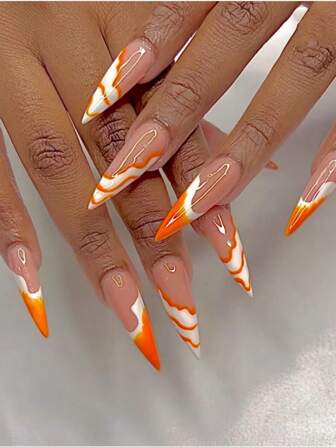 24Pcs New Long Pointed Orange Wave Nail Tips Set With 1 Nail File And 1 Jelly Gel, Suitable For Daily Wear For Girls Press On Nails Nail Supplies Nails
