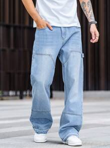 Patchwork Distressed Jeans, Washed Relaxed Fit Cotton Jeans, Fashion Versatile Wide Leg Jeans, Suitable For Couple Matching Gift - Blue - View 2