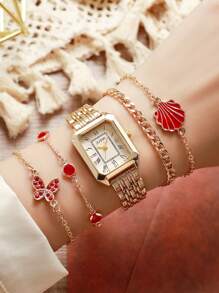 5pcs/Set New Fashionable Popular Women's Roman Scale Steel Band Quartz Watch + Rhinestone Butterfly Shell Bracelet Set, Suitable For Daily Matching, Anniversary, Holiday Gift - Gold - View 1