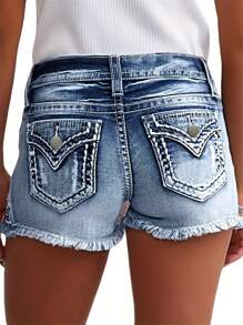 Women's Ripped Denim Shorts, Star-Embroidered Stretch Jeans, Summer Casual Women's Shorts For The Bottom Wear - Màu xanh lam - Xem 2