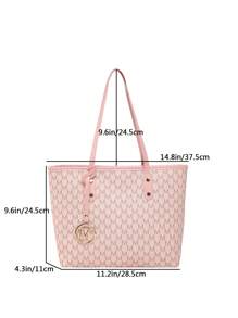 Fashion Solid Color Large Capacity M Letter Print Tote Bag, Metal Decoration, Shoulder Bag, Suitable For Women Shopping, Commuting, Daily Use, Students Back To School - Pink - View 3