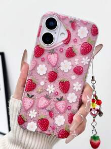可爱草莓花卉草莓红环氧树脂闪光透明手机壳，带草莓吊坠，适用于 16/ 15/XR/ 16 PRO MAX/7P/8P/P12 PRO MAX/P13 PRO MAX/P14 PRO MAX/P13/P14/P11/P12/P14/XS/S/XS MAX/78GES2，防震高端时尚手机壳，加厚保护套，防水防摔防刮，春季生日礼物派对佳品。 - 彩色 - 查看 3