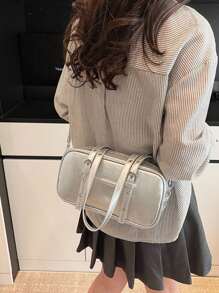 1 件简约休闲女包，基本款纯色单肩包。轻便通勤包，返校用品，学校用品。适合大学、工作、办公室、学生、少女、日常、通勤、户外、郊游、旅行。秋季和冬季。送给女士的礼物。 - 銀色 - 查看 5