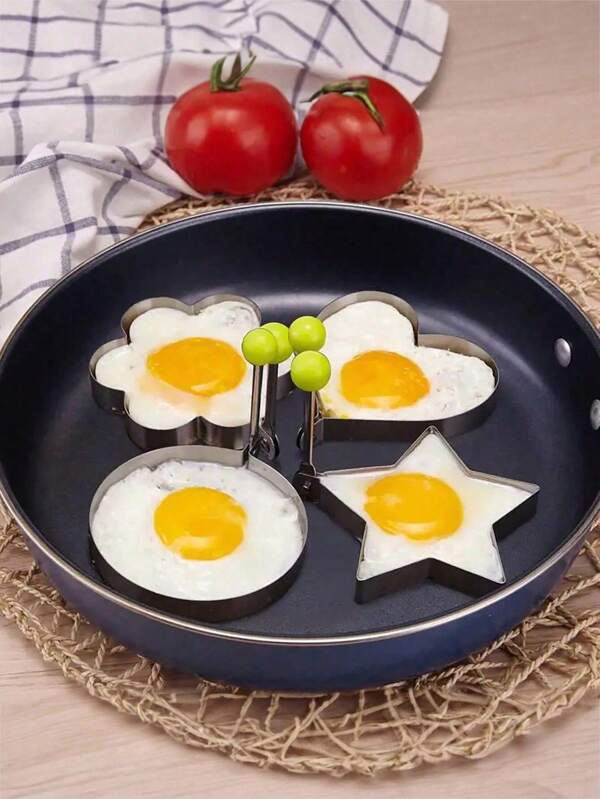4pcs Stainless Steel Fried Egg Mold, Pancake & Egg Shaper For Cooking And Decorating, Kitchen Accessories, Egg Ring Mold, Fried Egg Mold, DIY Fried Egg Mold, Creative Egg Mold, Cooking Egg Ring Mold, Stainless Steel Ring Mold, Bread Mold, Kitchen Accessor