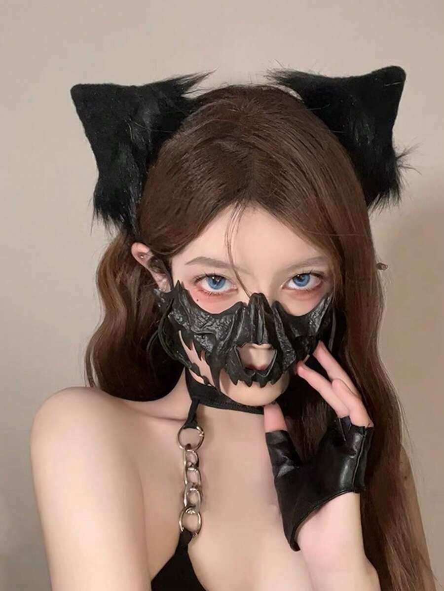 1pc Women's Sexy Accessories - Anime Fierce Tiger/Wolf Half Face Mask, Tengu Cosplay Prop, Halloween Costume, Fashion Party Club Item - Black - View 1