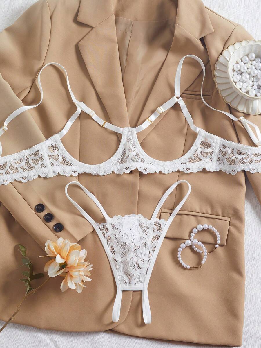 Romantic Hollow Out Sexy Lingerie Set For Women, Includes Lacy Bra And Panties, Suitable For Intimate Dates - White - View 1