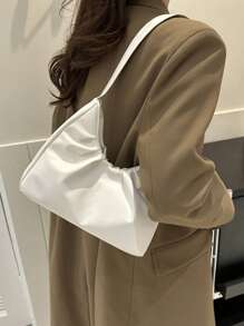 Stylish Shoulder Bag, New Solid Color Pleated Fresh Handbag With Quality Underarm Design, Suitable For Spring & Autumn , Beach Bag , Office, Cream Bag - White - View 2