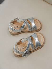 1 双条纹设计露趾柔软舒适海滩度假凉鞋，适合小女孩，简约时尚公主平底鞋