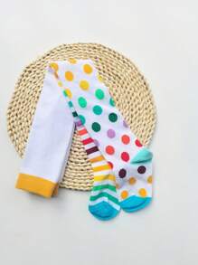 1pc Girls Striped Plaid Heart Pattern Patchwork Cotton Tights, European Style Children Stockings