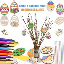 木制 DIY 空心蛋吊坠、复活节挂饰、复活节家庭聚会装饰绘画礼物、兔子蛋木片吊坠、派对用品、节日礼物 - 彩色 - 查看 2