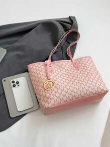 Fashion Solid Color Large Capacity M Letter Print Tote Bag, Metal Decoration, Shoulder Bag, Suitable For Women Shopping, Commuting, Daily Use, Students Back To School - Pink - View 2