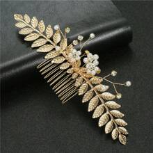 1pc Retro Metalen Blad Haar Kam, Handgemaakte Parel Haaraccessoires, Bruids Haardecoratie
