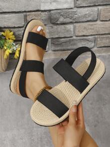 Sandali piatti comodi da donna con design a fascia elastica, versatili e adatti per la spiaggia - nero - Visualizzare 6