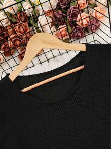 Plus Size Casual Loose Solid Color 3/4 Sleeve Sweater - Black - View 8