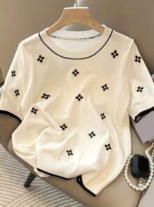 New Knit Versatile Short Sleeve Top, Casual Minimalist Loose Fit Round Neck Embroidered Lightweight