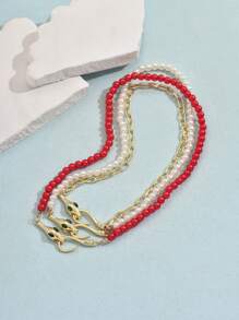 1pc Elegant Minimalist Beaded Metal Snake Head Necklace - Snake - View 7
