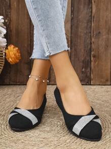 女士优雅闪亮银色水钻装饰圆头一脚蹬坡跟休闲鞋，百搭日常穿着 - 黑色 - 查看 9