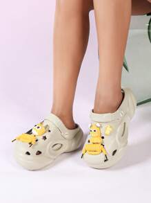 New Summer Fashion Women Cute Perforated Sandals With Cartoon Pendant, Round Toe Thick Bottom Breathable Slippers, Suitable For Outdoor Vacation Beach Wear, Khaki - Khaki - View 3