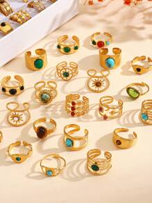 3/6/9/12 PCS Aço inoxidável 18K banhado a ouro geométrico conjunto de anéis abertos, design moderno adequado para uso diário feminino (entrega aleatória)