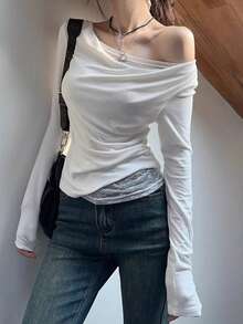 甜美性感蕾丝拼接修身长袖T恤，女士款，随机布料拼接，休闲春季白色 - 白色 - 查看 3