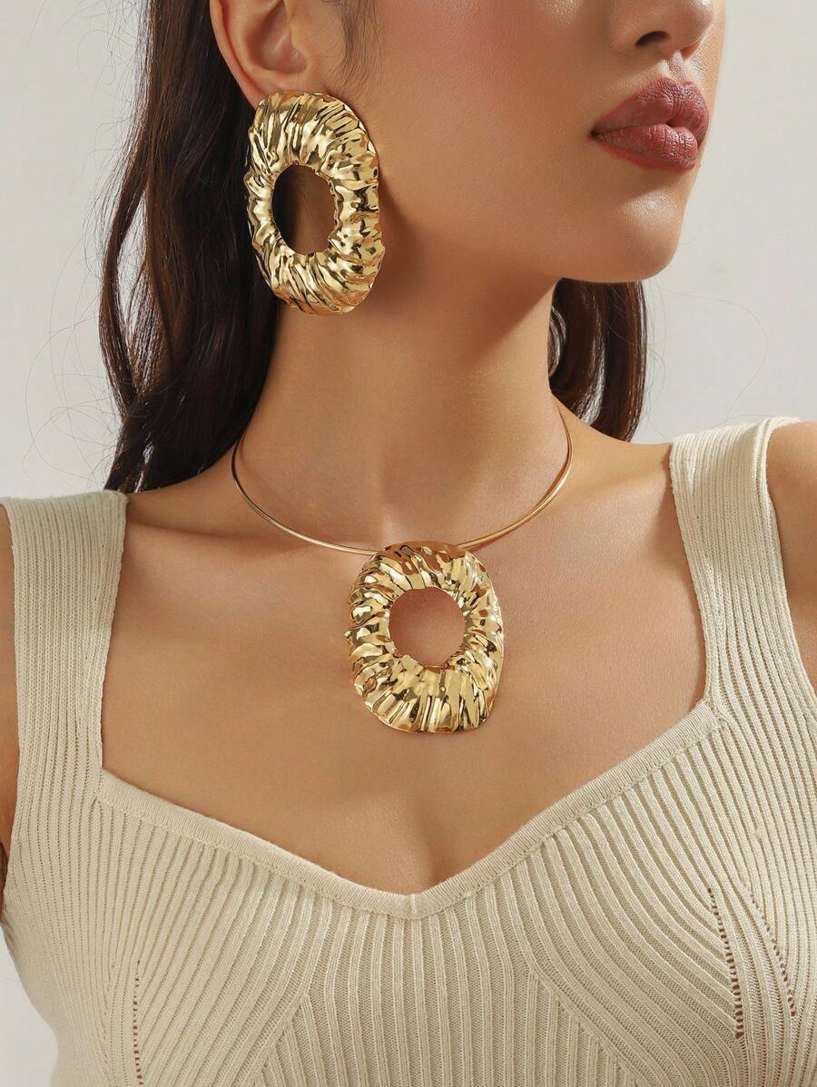 3 件套复古不对称金属圆形吊坠项链和耳环 - 金黃色 - 查看 1
