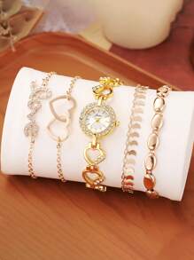 5pcs/Set New Ladies' Strap Watch With Studs, Rhinestone Scales & Heart Design + Rhinestone Heart Bracelet, Suitable For Daily Matching, Anniversary, Holiday Gifts - Gold - View 5