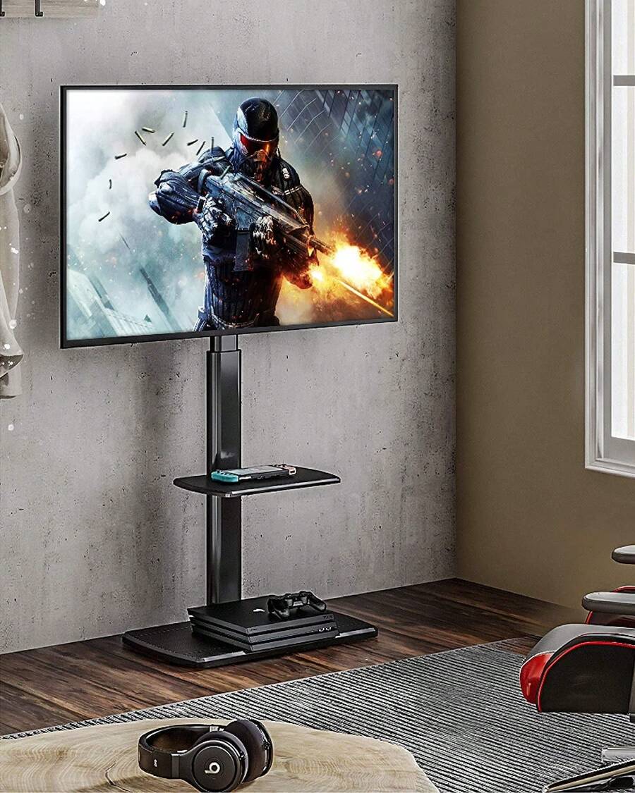 Base giratoria para TV de piso para televisores de 32 a 65 pulgadas, soporte de TV de esquina negro con estantes de entretenimiento ajustables en altura - perfecto para almacenamiento multimedia - 1 - Ver 1