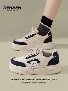 RENBEN 1 双女式 2025 年春季新款流行厚底拼接休闲帆布运动鞋 - 黑色 - 查看 8
