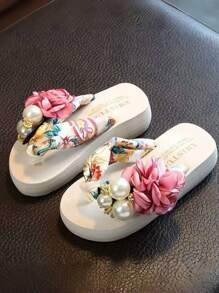 夏季防滑兒童拖鞋女孩時尚沙灘鞋免手花朵涼鞋