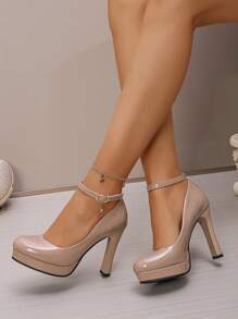 New High Heel Platform Low Vamp Commuter Pumps, Round Toe Comfortable Thick Heel Strap Buckle Plus Size Women High Heels - Beige - View 2